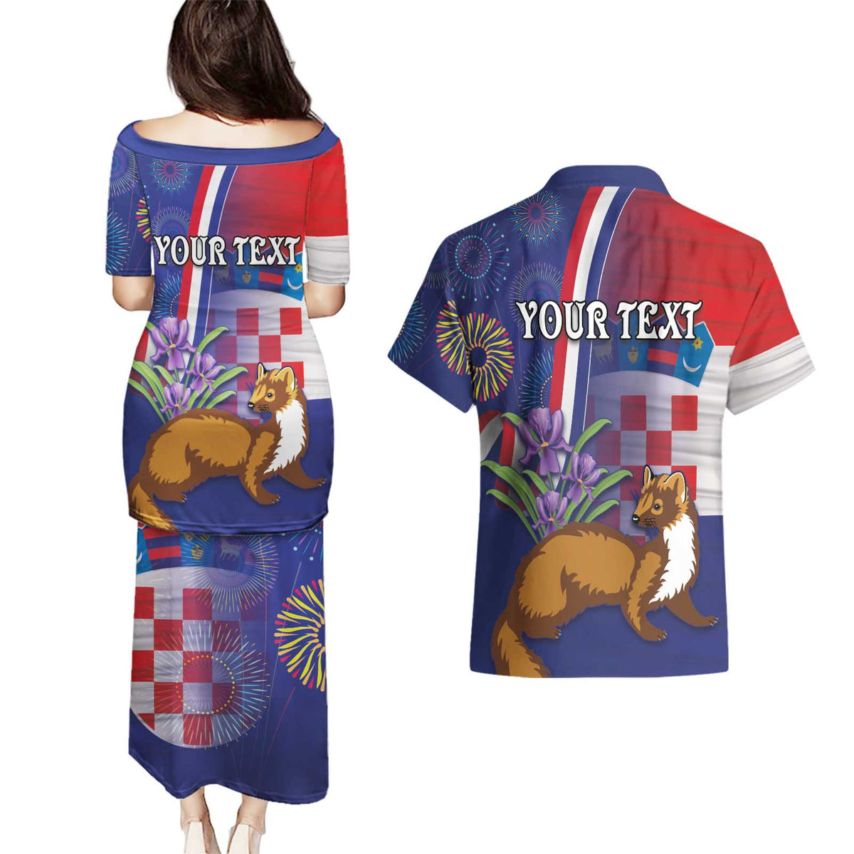 Personalised Croatia Independence Day Couples Matching Puletasi and Hawaiian Shirt Sretan Dan nezavisnosti With Kuna Zlatica and Perunika - Wonder Print Shop