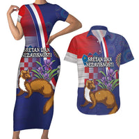 Personalised Croatia Independence Day Couples Matching Short Sleeve Bodycon Dress and Hawaiian Shirt Sretan Dan nezavisnosti With Kuna Zlatica and Perunika - Wonder Print Shop