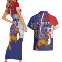 Personalised Croatia Independence Day Couples Matching Short Sleeve Bodycon Dress and Hawaiian Shirt Sretan Dan nezavisnosti With Kuna Zlatica and Perunika - Wonder Print Shop