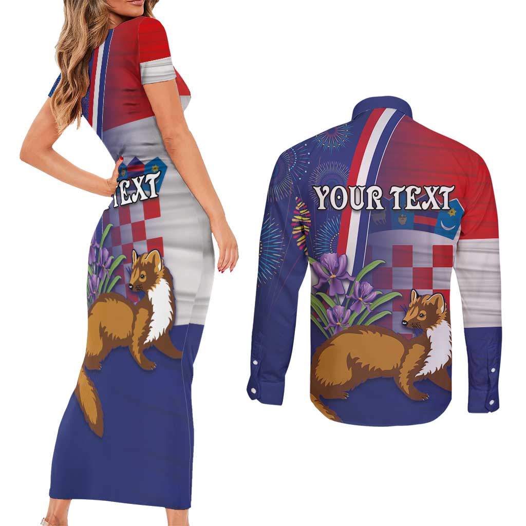 Personalised Croatia Independence Day Couples Matching Short Sleeve Bodycon Dress and Long Sleeve Button Shirt Sretan Dan nezavisnosti With Kuna Zlatica and Perunika - Wonder Print Shop
