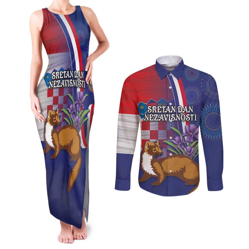 Personalised Croatia Independence Day Couples Matching Tank Maxi Dress and Long Sleeve Button Shirt Sretan Dan nezavisnosti With Kuna Zlatica and Perunika - Wonder Print Shop