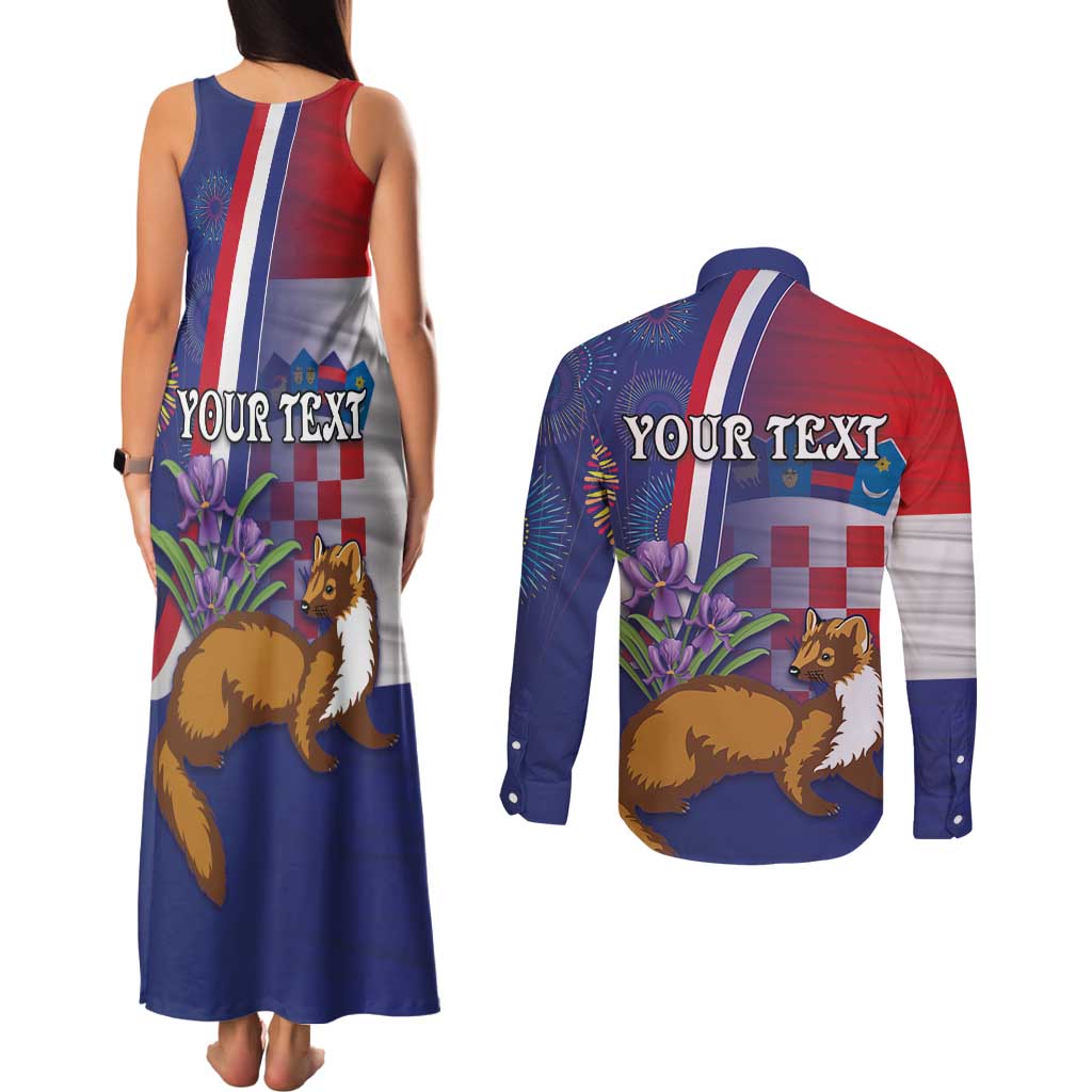 Personalised Croatia Independence Day Couples Matching Tank Maxi Dress and Long Sleeve Button Shirt Sretan Dan nezavisnosti With Kuna Zlatica and Perunika - Wonder Print Shop