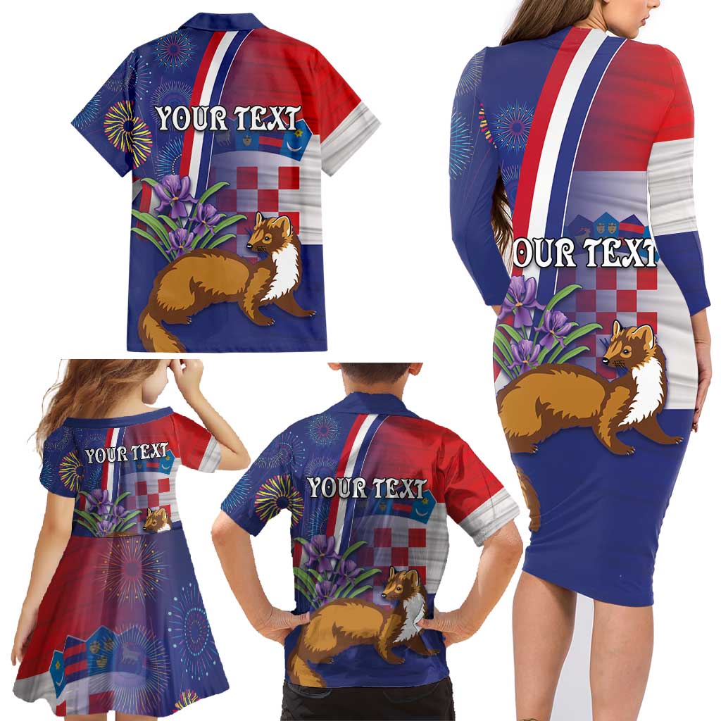 Personalised Croatia Independence Day Family Matching Long Sleeve Bodycon Dress and Hawaiian Shirt Sretan Dan nezavisnosti With Kuna Zlatica and Perunika - Wonder Print Shop
