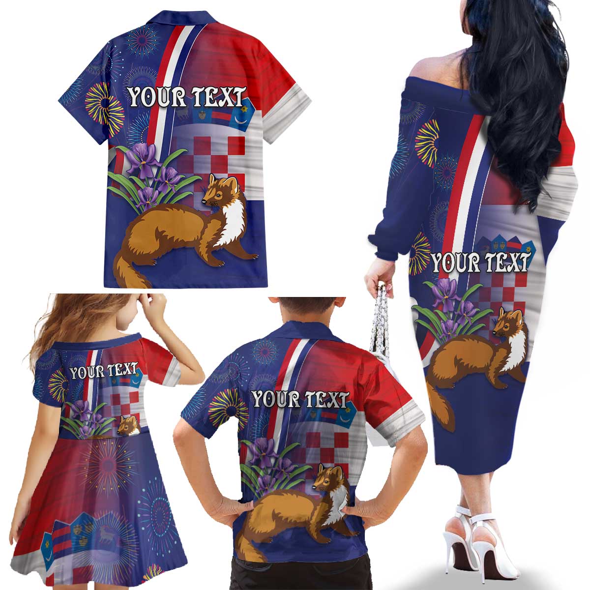 Personalised Croatia Independence Day Family Matching Off The Shoulder Long Sleeve Dress and Hawaiian Shirt Sretan Dan nezavisnosti With Kuna Zlatica and Perunika - Wonder Print Shop