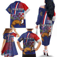 Personalised Croatia Independence Day Family Matching Off The Shoulder Long Sleeve Dress and Hawaiian Shirt Sretan Dan nezavisnosti With Kuna Zlatica and Perunika - Wonder Print Shop