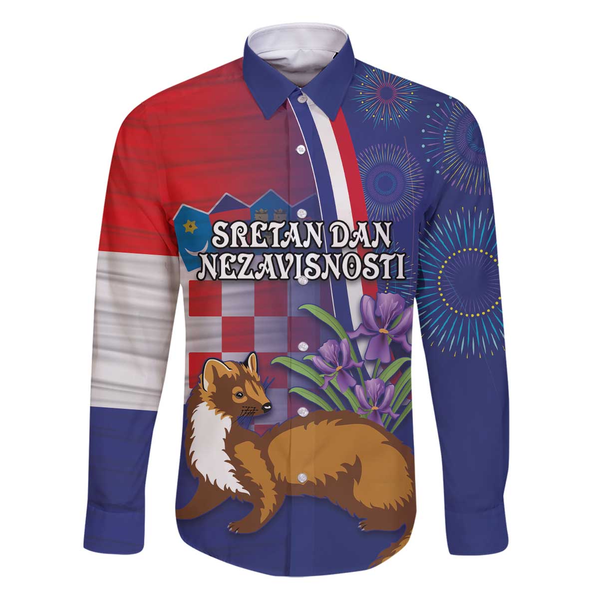 Personalised Croatia Independence Day Family Matching Off The Shoulder Long Sleeve Dress and Hawaiian Shirt Sretan Dan nezavisnosti With Kuna Zlatica and Perunika - Wonder Print Shop