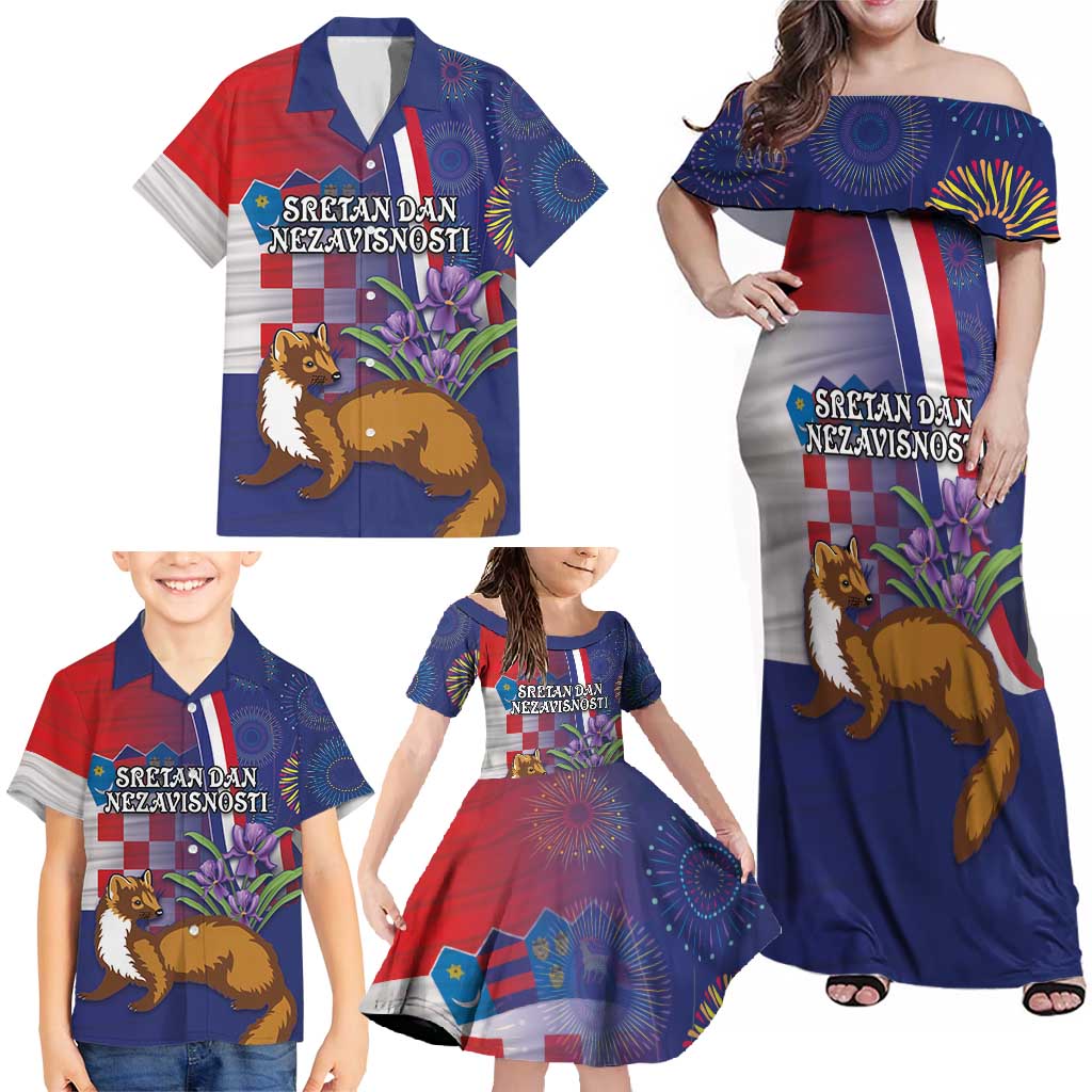 Personalised Croatia Independence Day Family Matching Off Shoulder Maxi Dress and Hawaiian Shirt Sretan Dan nezavisnosti With Kuna Zlatica and Perunika - Wonder Print Shop