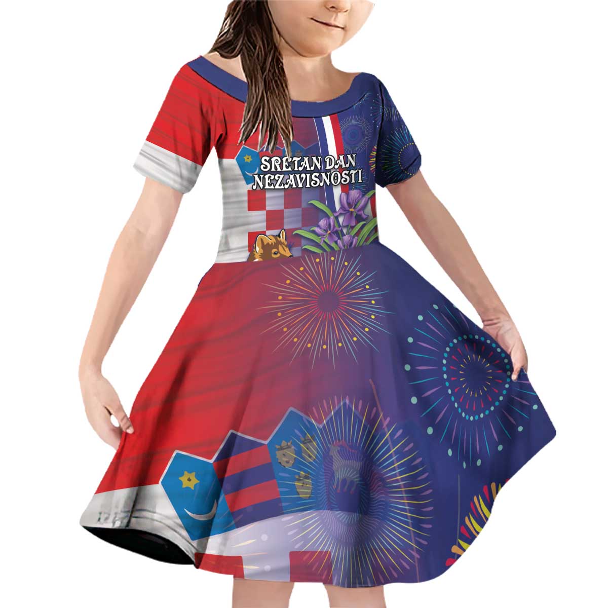 Personalised Croatia Independence Day Family Matching Off Shoulder Short Dress and Hawaiian Shirt Sretan Dan nezavisnosti With Kuna Zlatica and Perunika - Wonder Print Shop