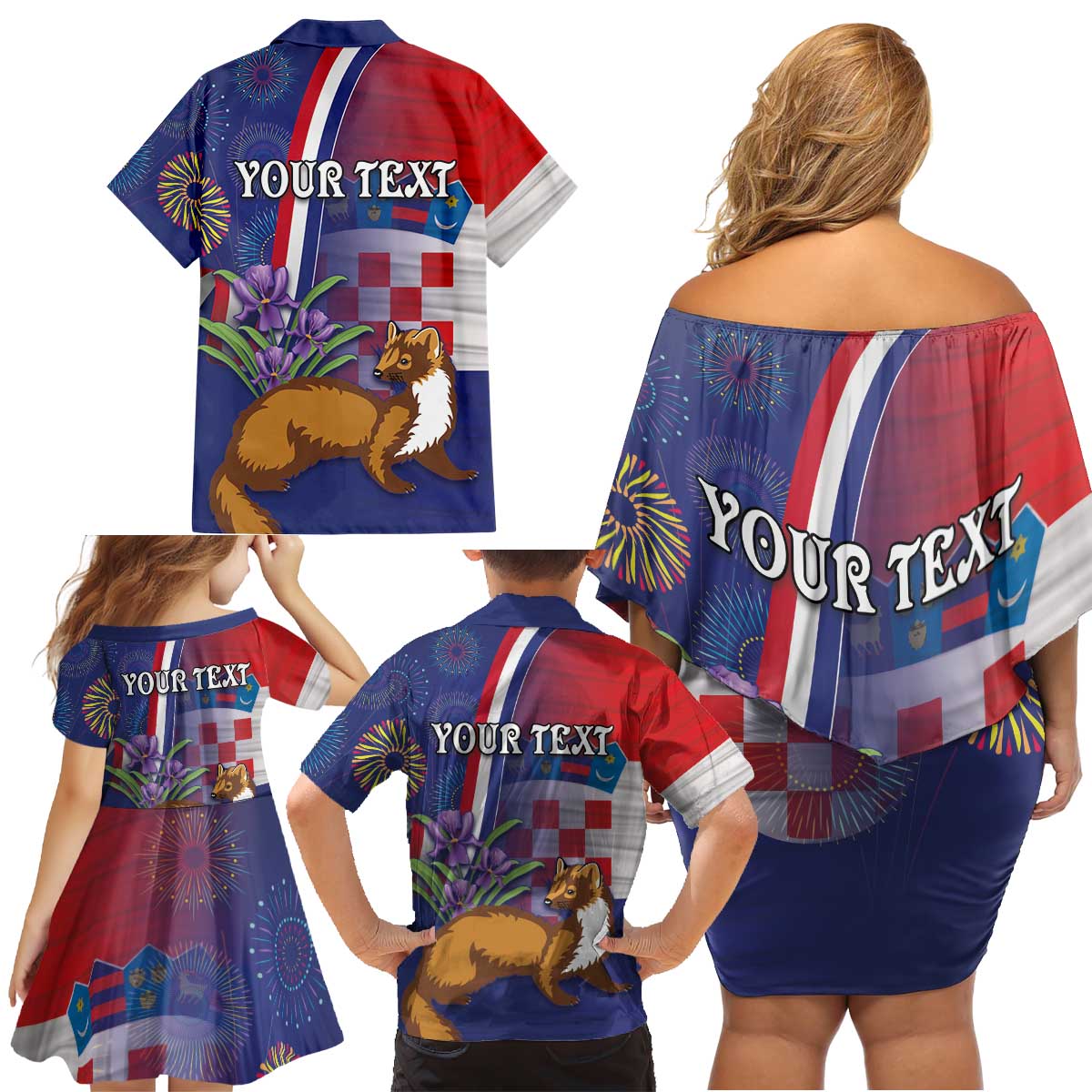 Personalised Croatia Independence Day Family Matching Off Shoulder Short Dress and Hawaiian Shirt Sretan Dan nezavisnosti With Kuna Zlatica and Perunika - Wonder Print Shop