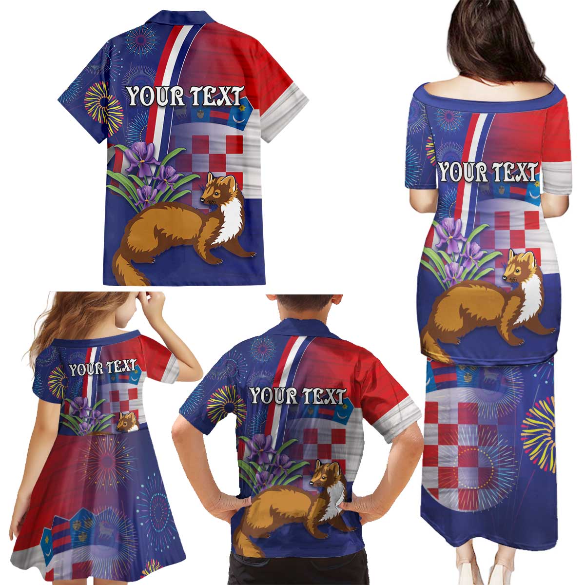 Personalised Croatia Independence Day Family Matching Puletasi and Hawaiian Shirt Sretan Dan nezavisnosti With Kuna Zlatica and Perunika - Wonder Print Shop