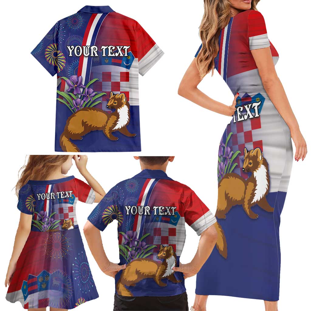 Personalised Croatia Independence Day Family Matching Short Sleeve Bodycon Dress and Hawaiian Shirt Sretan Dan nezavisnosti With Kuna Zlatica and Perunika - Wonder Print Shop