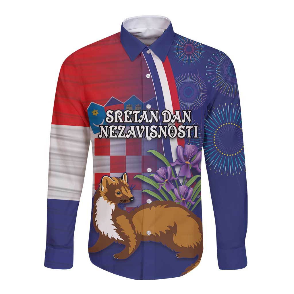 Personalised Croatia Independence Day Long Sleeve Button Shirt Sretan Dan nezavisnosti With Kuna Zlatica and Perunika - Wonder Print Shop