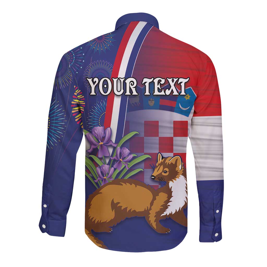 Personalised Croatia Independence Day Long Sleeve Button Shirt Sretan Dan nezavisnosti With Kuna Zlatica and Perunika - Wonder Print Shop