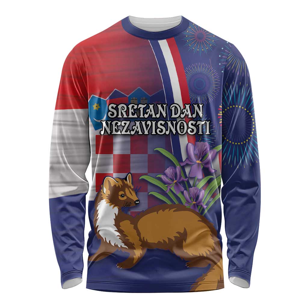 Personalised Croatia Independence Day Long Sleeve Shirt Sretan Dan nezavisnosti With Kuna Zlatica and Perunika - Wonder Print Shop