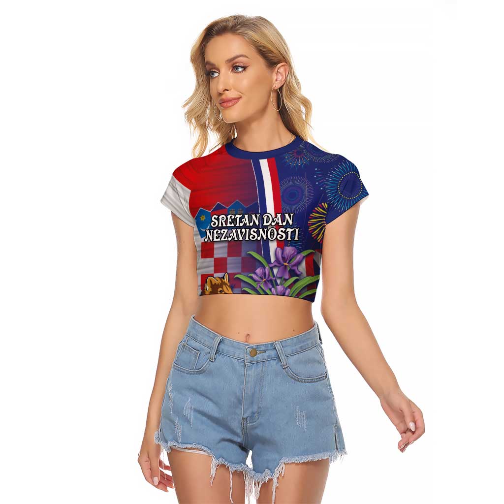 Personalised Croatia Independence Day Raglan Cropped T Shirt Sretan Dan nezavisnosti With Kuna Zlatica and Perunika - Wonder Print Shop