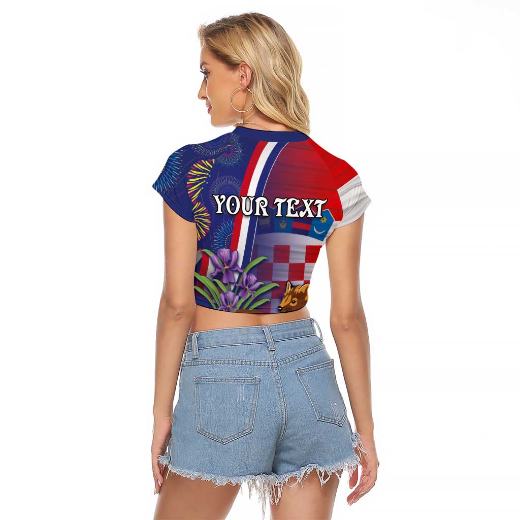 Personalised Croatia Independence Day Raglan Cropped T Shirt Sretan Dan nezavisnosti With Kuna Zlatica and Perunika - Wonder Print Shop