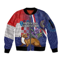 Personalised Croatia Independence Day Sleeve Zip Bomber Jacket Sretan Dan nezavisnosti With Kuna Zlatica and Perunika - Wonder Print Shop
