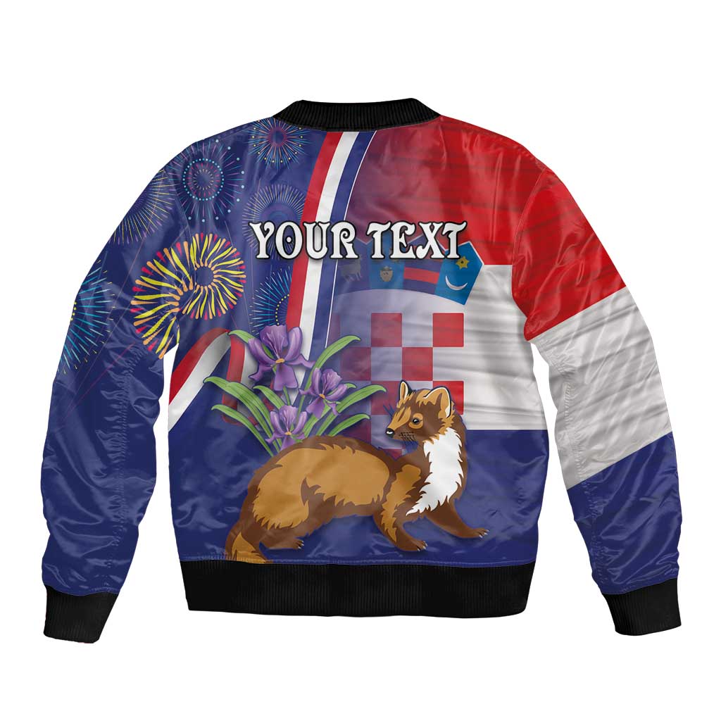 Personalised Croatia Independence Day Sleeve Zip Bomber Jacket Sretan Dan nezavisnosti With Kuna Zlatica and Perunika - Wonder Print Shop
