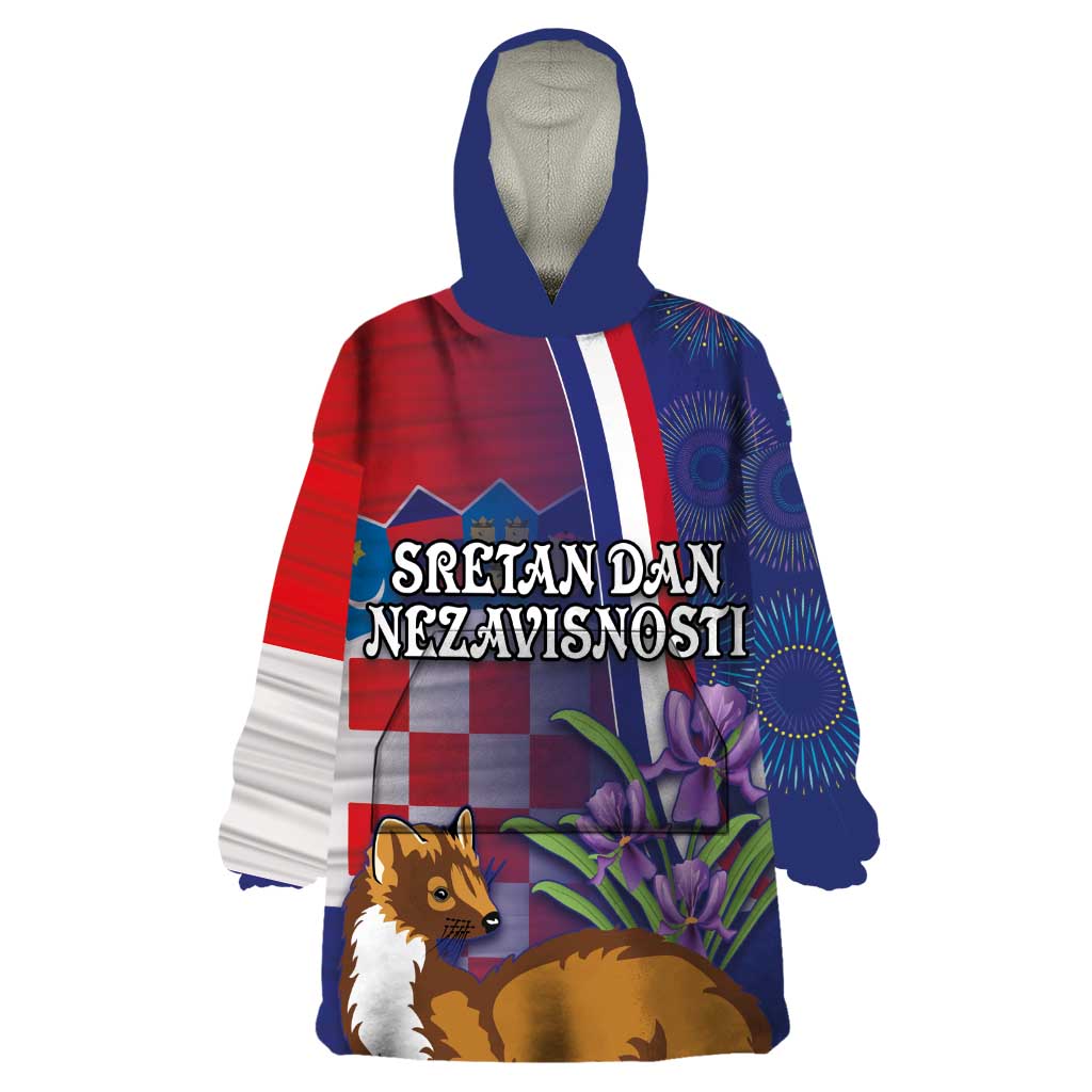 Personalised Croatia Independence Day Wearable Blanket Hoodie Sretan Dan nezavisnosti With Kuna Zlatica and Perunika - Wonder Print Shop