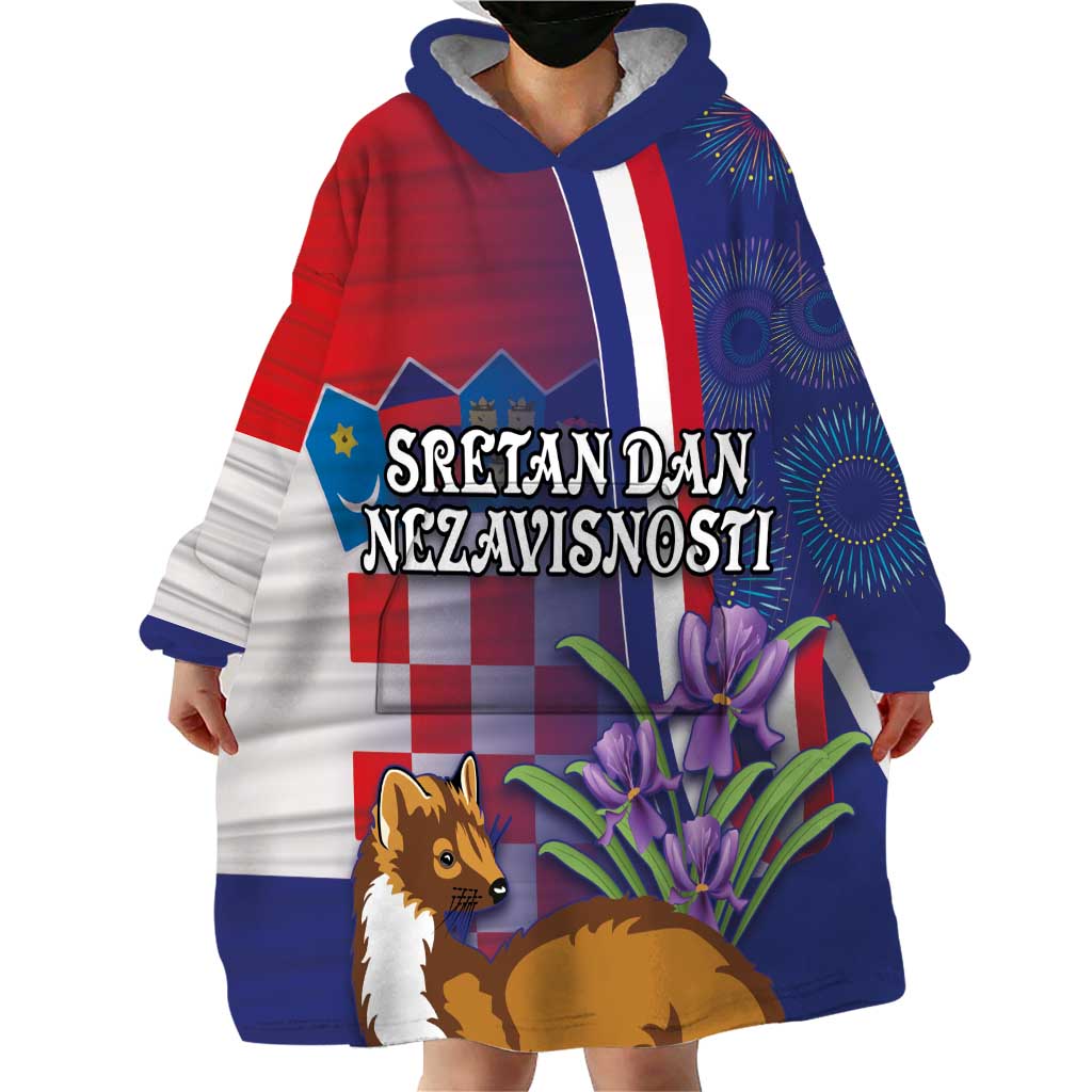 Personalised Croatia Independence Day Wearable Blanket Hoodie Sretan Dan nezavisnosti With Kuna Zlatica and Perunika - Wonder Print Shop