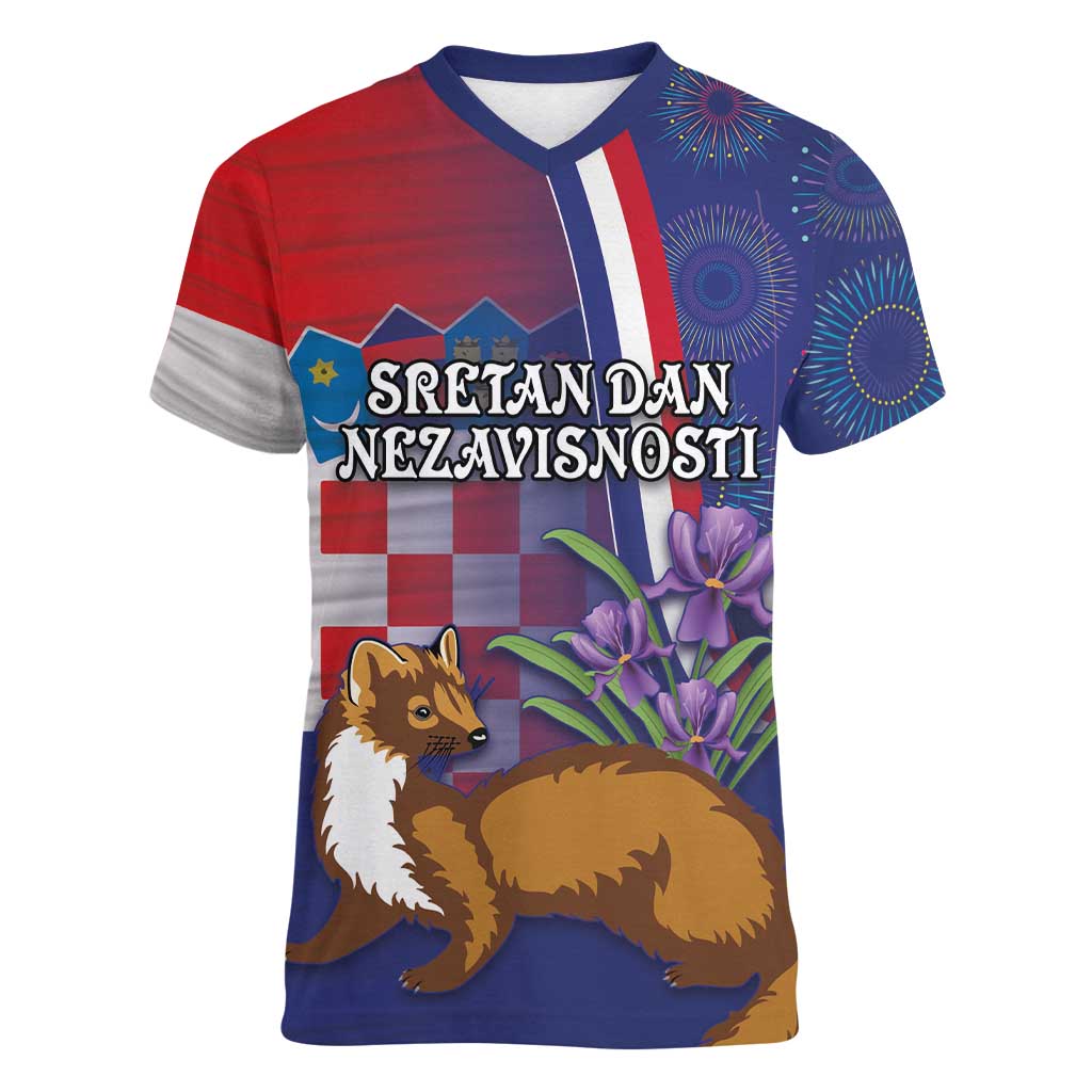 Personalised Croatia Independence Day Women V-Neck T-Shirt Sretan Dan nezavisnosti With Kuna Zlatica and Perunika - Wonder Print Shop