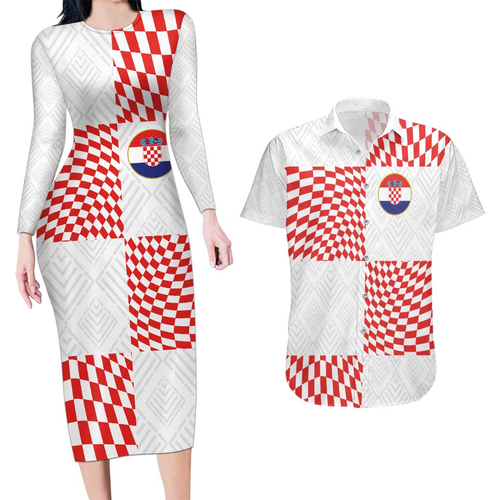 Custom Croatia Football Champion 2024 Couples Matching Long Sleeve Bodycon Dress and Hawaiian Shirt - Wonder Print Shop