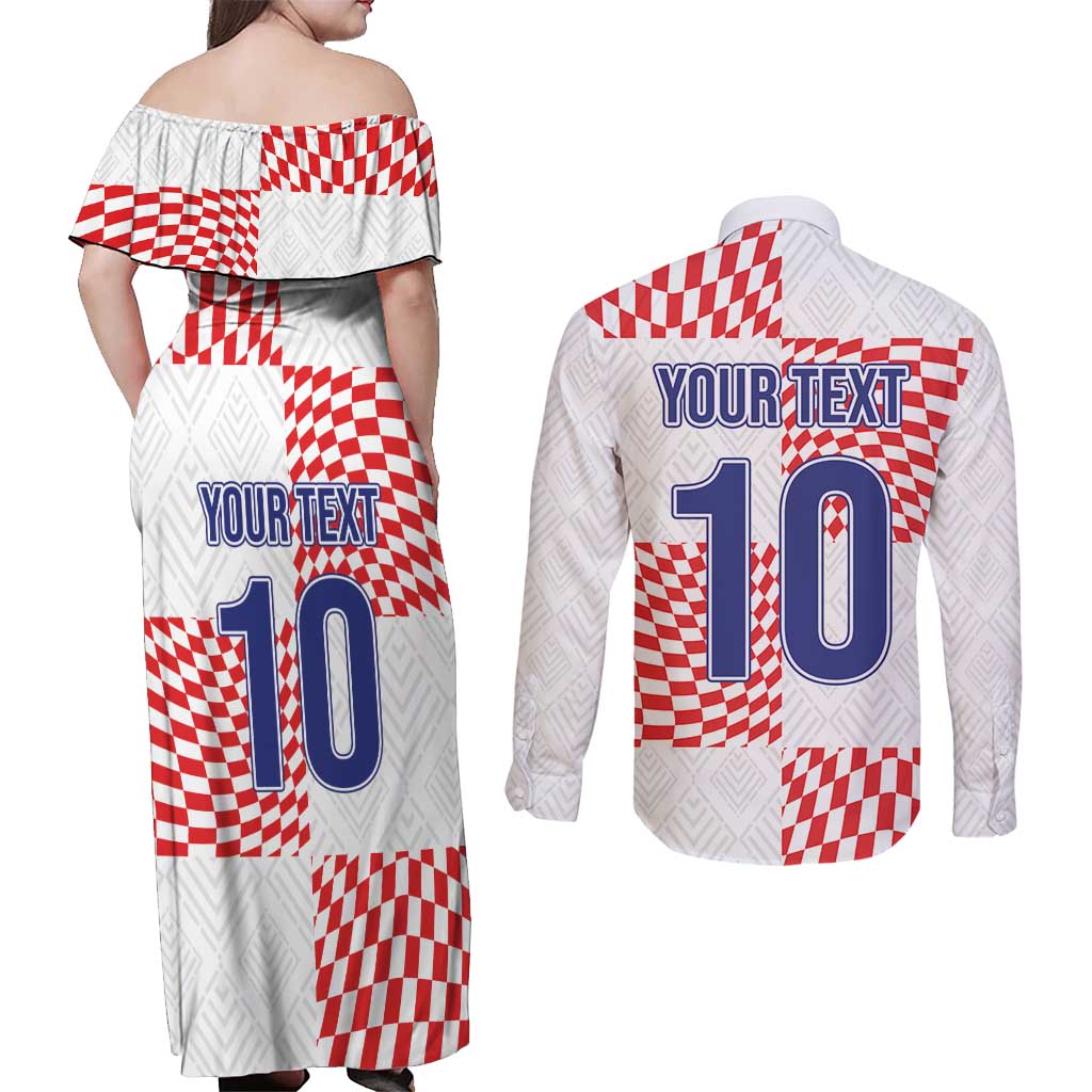 Custom Croatia Football Champion 2024 Couples Matching Off Shoulder Maxi Dress and Long Sleeve Button Shirt - Wonder Print Shop