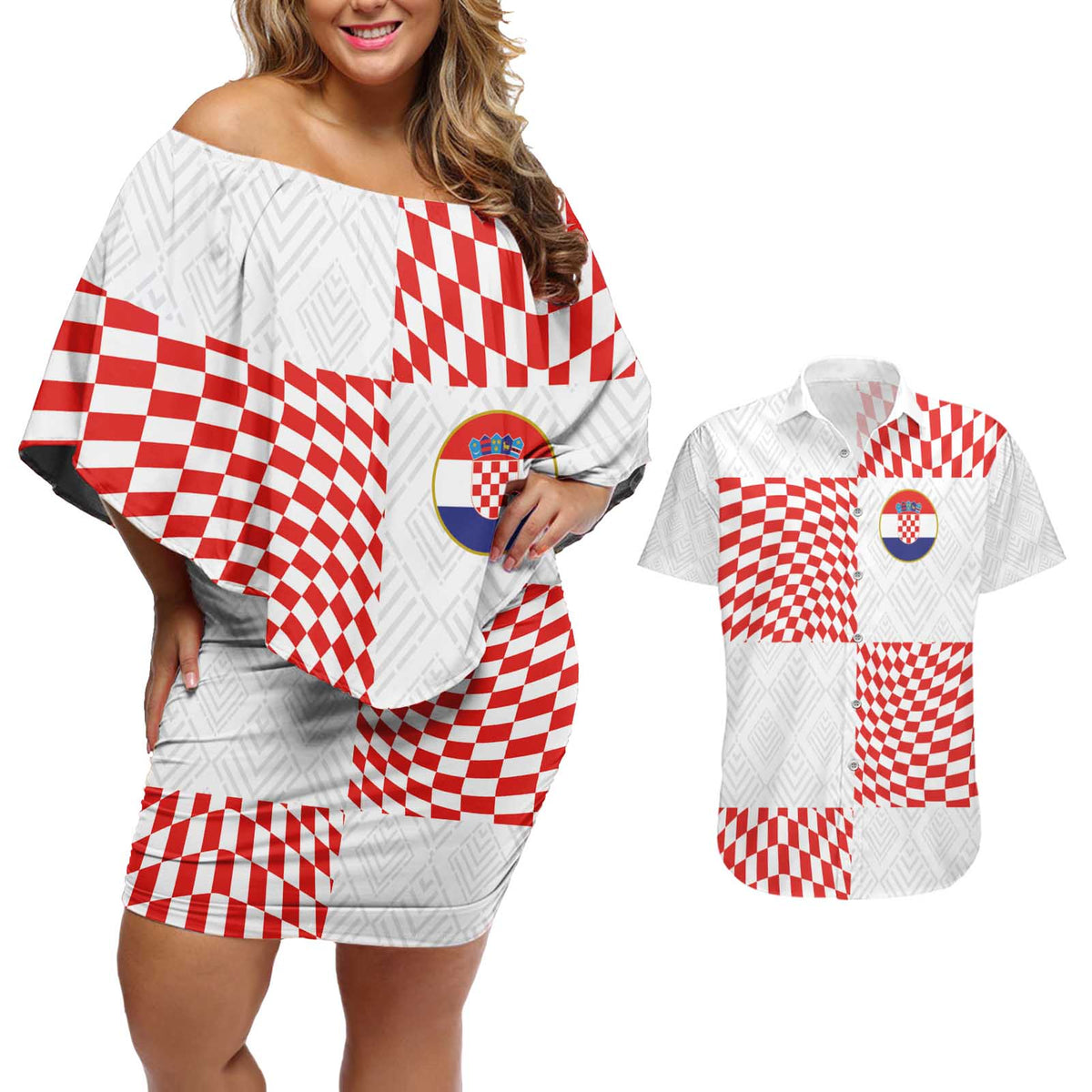 Custom Croatia Football Champion 2024 Couples Matching Off Shoulder Short Dress and Hawaiian Shirt - Wonder Print Shop