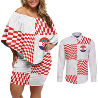 Custom Croatia Football Champion 2024 Couples Matching Off Shoulder Short Dress and Long Sleeve Button Shirt - Wonder Print Shop