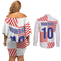 Custom Croatia Football Champion 2024 Couples Matching Off Shoulder Short Dress and Long Sleeve Button Shirt - Wonder Print Shop