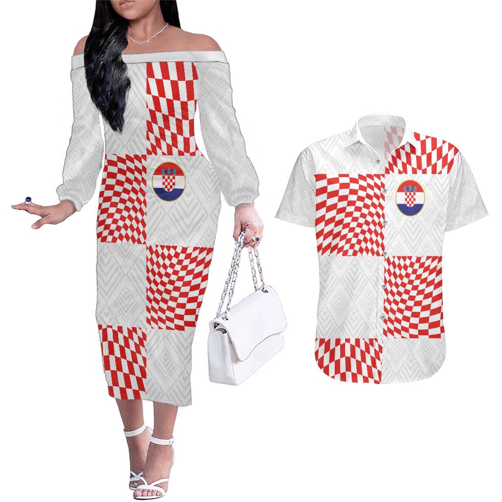 Custom Croatia Football Champion 2024 Couples Matching Off The Shoulder Long Sleeve Dress and Hawaiian Shirt - Wonder Print Shop