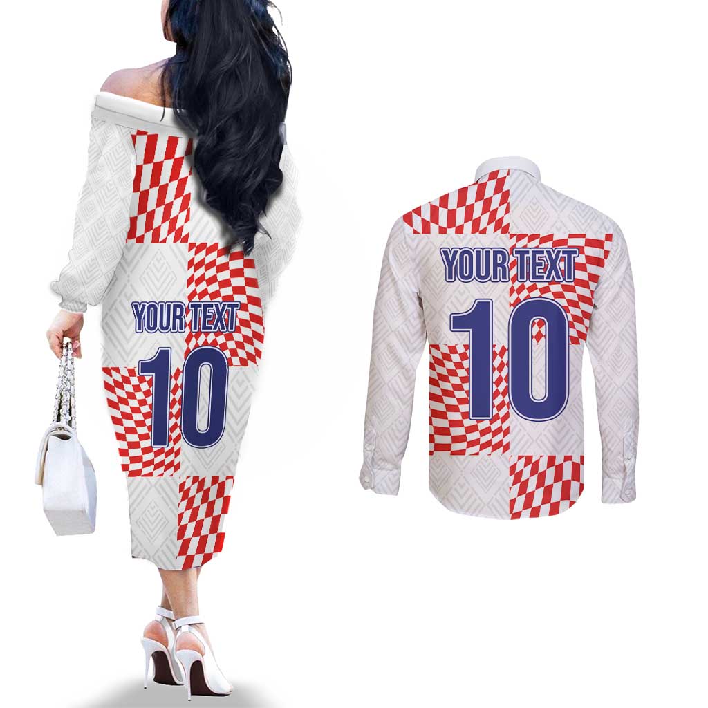 Custom Croatia Football Champion 2024 Couples Matching Off The Shoulder Long Sleeve Dress and Long Sleeve Button Shirt