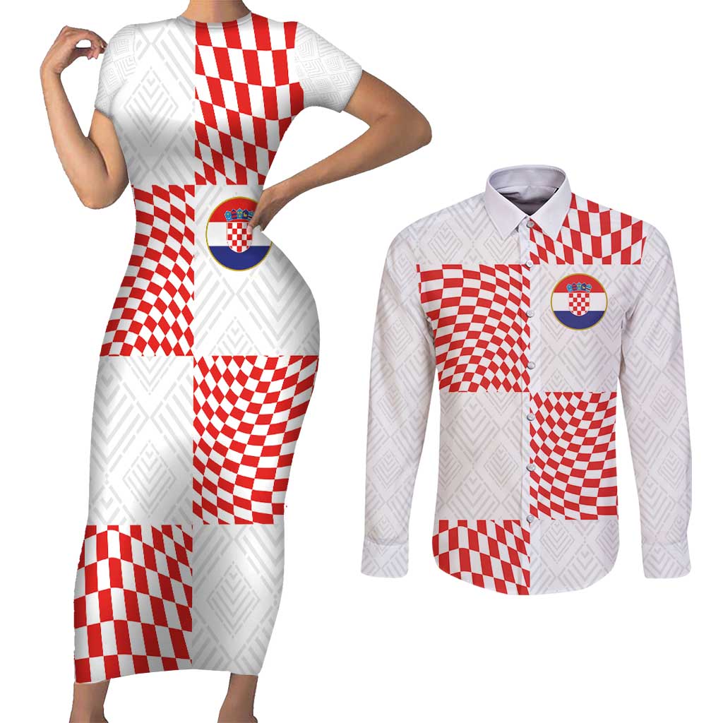 Custom Croatia Football Champion 2024 Couples Matching Short Sleeve Bodycon Dress and Long Sleeve Button Shirt - Wonder Print Shop
