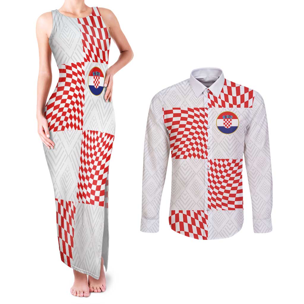 Custom Croatia Football Champion 2024 Couples Matching Tank Maxi Dress and Long Sleeve Button Shirt - Wonder Print Shop