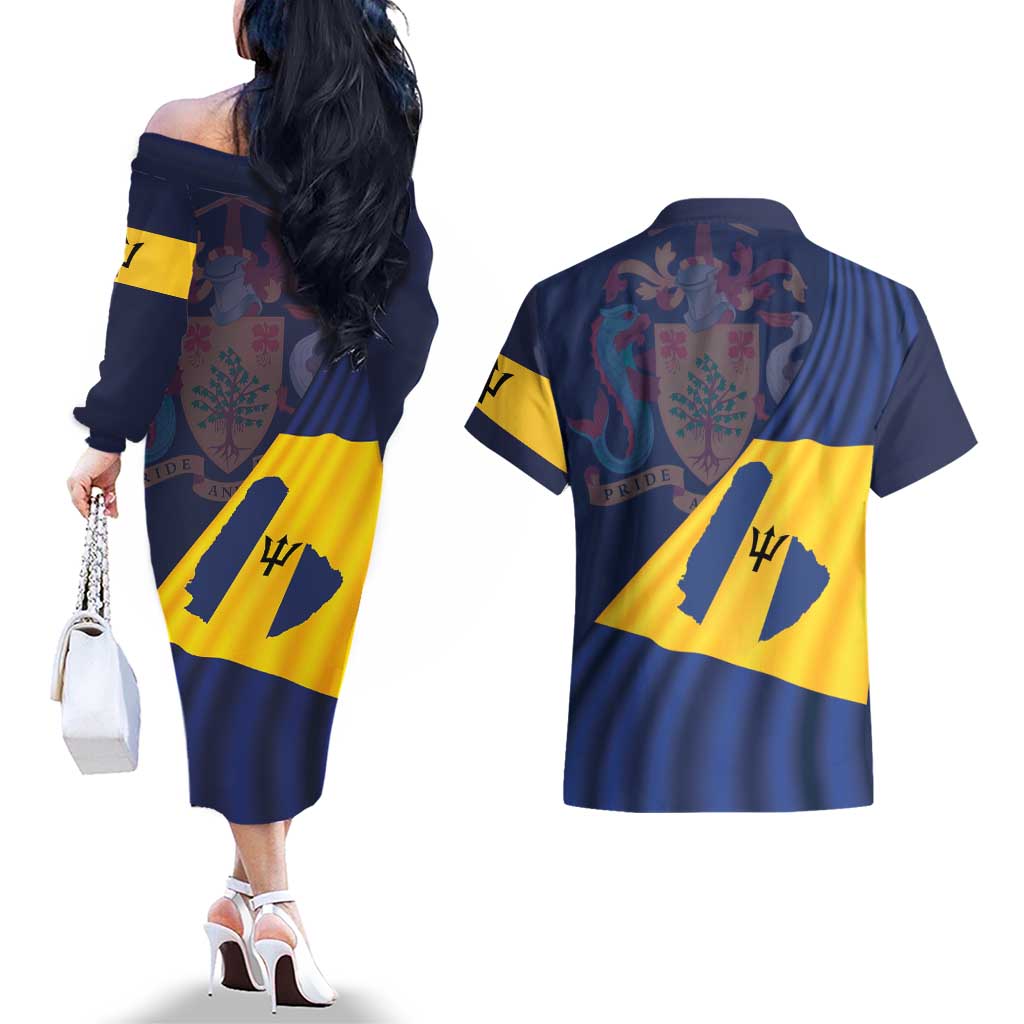 Barbados Independence Day Couples Matching Off The Shoulder Long Sleeve Dress and Hawaiian Shirt National Flag Design - Wonder Print Shop