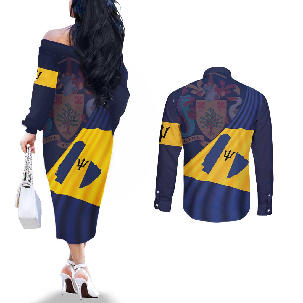 Barbados Independence Day Couples Matching Off The Shoulder Long Sleeve Dress and Long Sleeve Button Shirt National Flag Design