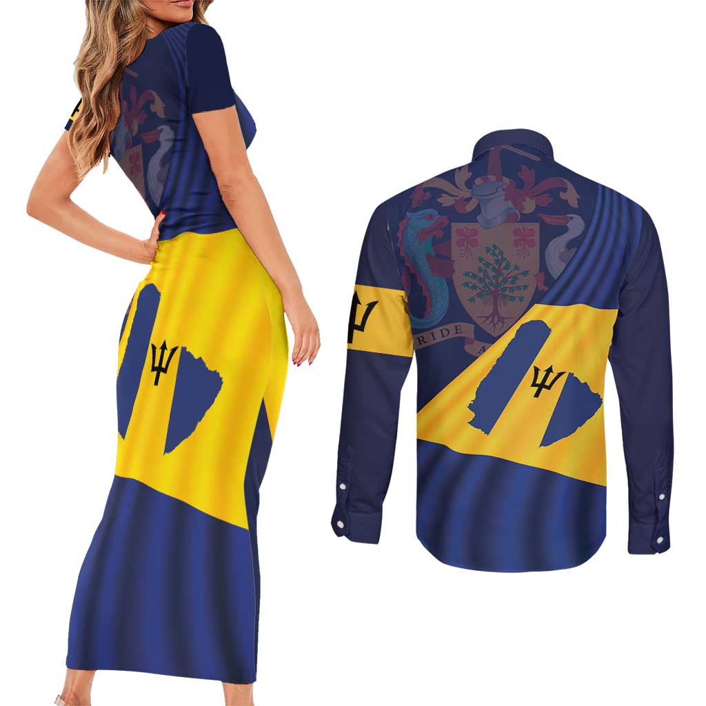 Barbados Independence Day Couples Matching Short Sleeve Bodycon Dress and Long Sleeve Button Shirt National Flag Design - Wonder Print Shop