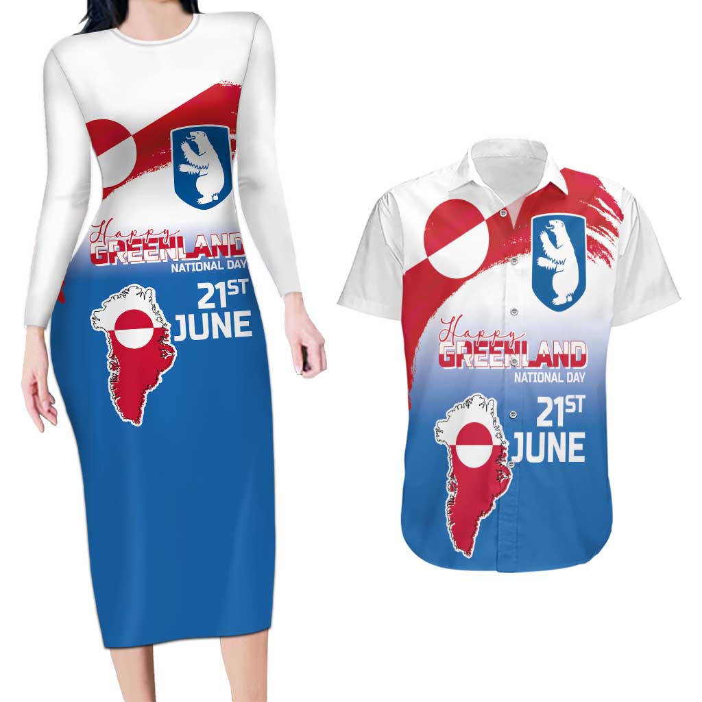 Greenland National Day Couples Matching Long Sleeve Bodycon Dress and Hawaiian Shirt National Country Flag and Emblem with The Map