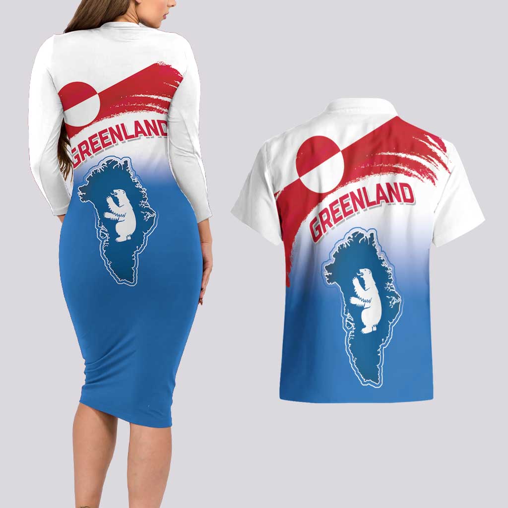 Greenland National Day Couples Matching Long Sleeve Bodycon Dress and Hawaiian Shirt National Country Flag and Emblem with The Map