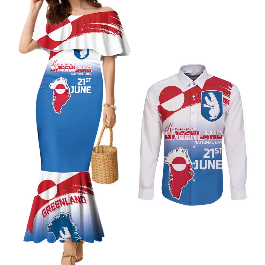 Greenland National Day Couples Matching Mermaid Dress and Long Sleeve Button Shirt National Country Flag and Emblem with The Map