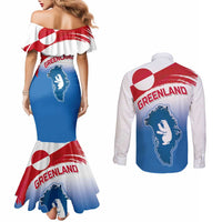 Greenland National Day Couples Matching Mermaid Dress and Long Sleeve Button Shirt National Country Flag and Emblem with The Map