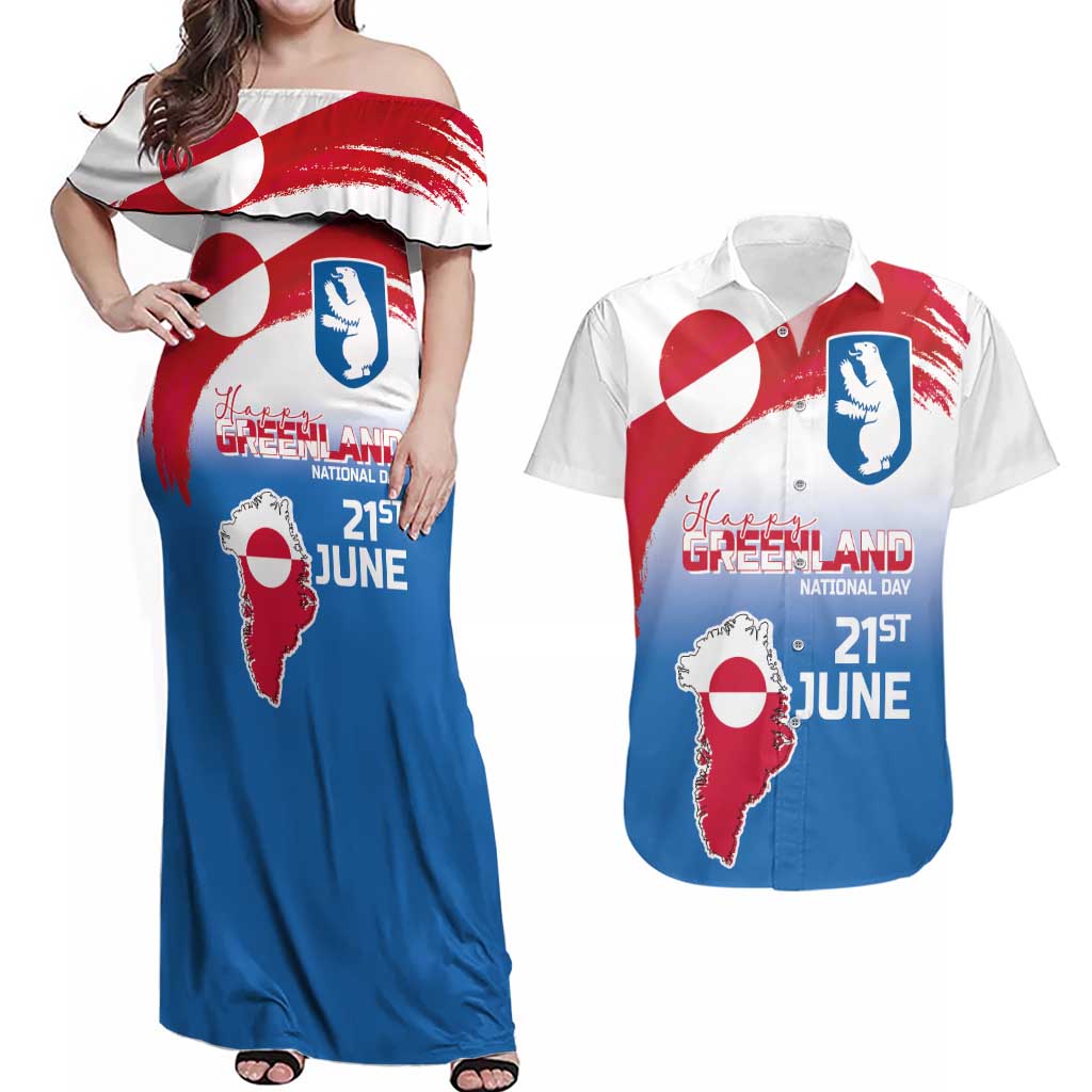 Greenland National Day Couples Matching Off Shoulder Maxi Dress and Hawaiian Shirt National Country Flag and Emblem with The Map