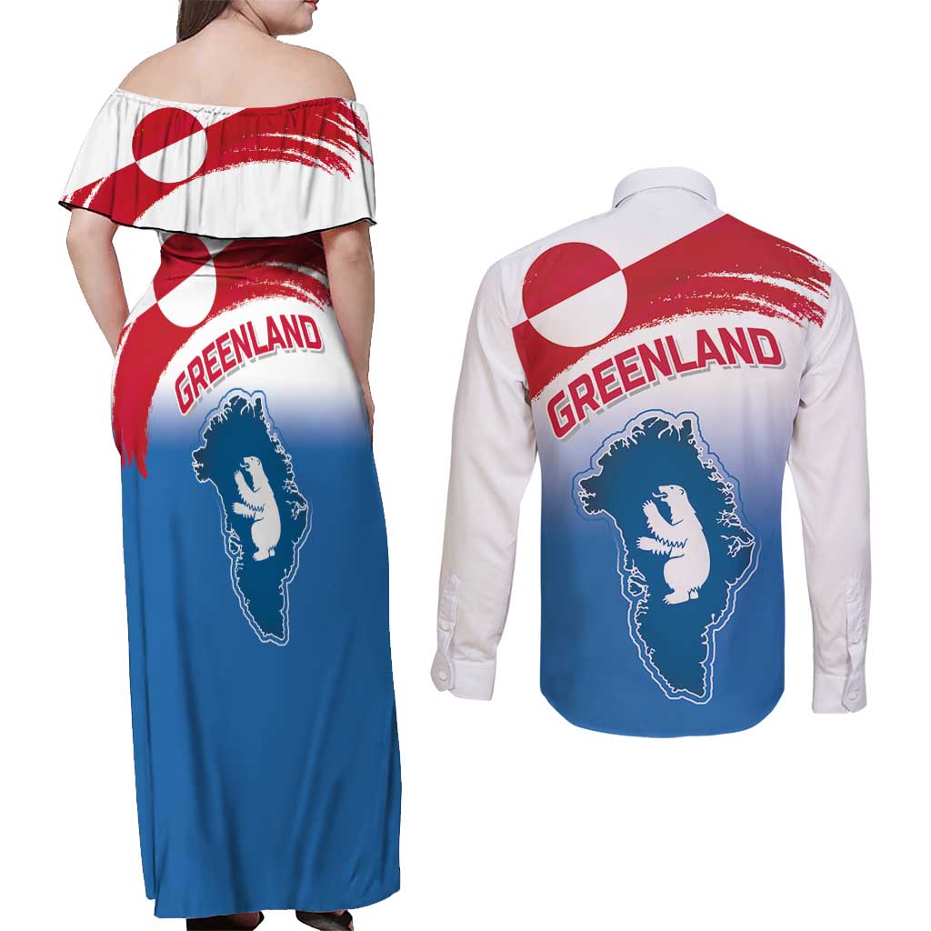 Greenland National Day Couples Matching Off Shoulder Maxi Dress and Long Sleeve Button Shirt National Country Flag and Emblem with The Map