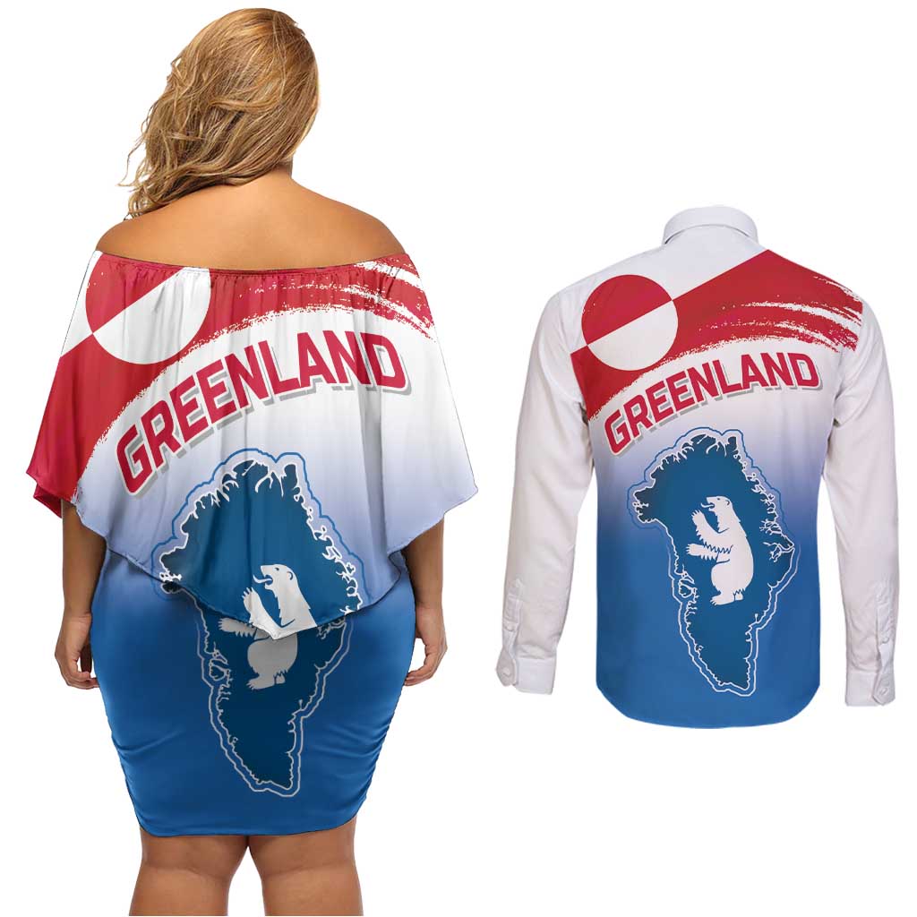 Greenland National Day Couples Matching Off Shoulder Short Dress and Long Sleeve Button Shirt National Country Flag and Emblem with The Map