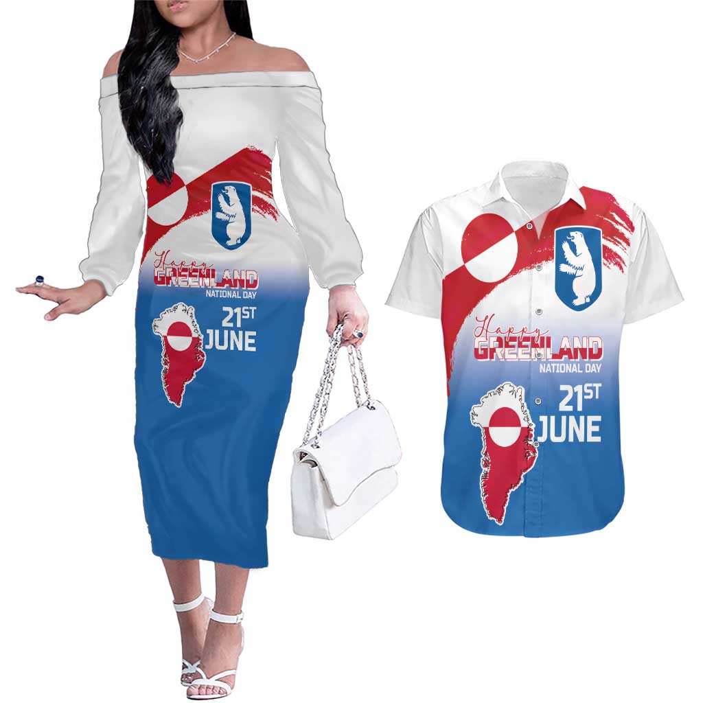 Greenland National Day Couples Matching Off The Shoulder Long Sleeve Dress and Hawaiian Shirt National Country Flag and Emblem with The Map