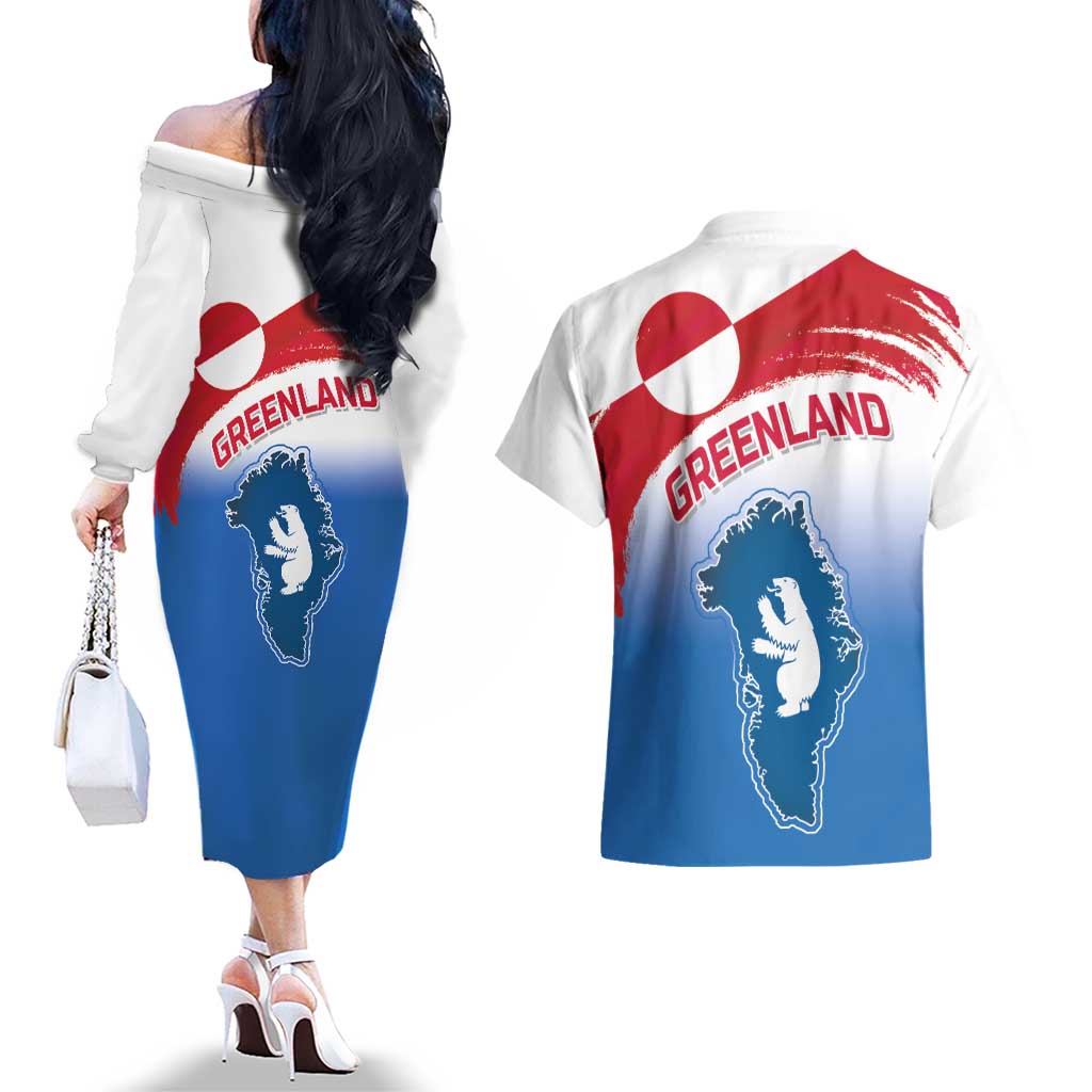 Greenland National Day Couples Matching Off The Shoulder Long Sleeve Dress and Hawaiian Shirt National Country Flag and Emblem with The Map