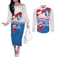 Greenland National Day Couples Matching Off The Shoulder Long Sleeve Dress and Long Sleeve Button Shirt National Country Flag and Emblem with The Map