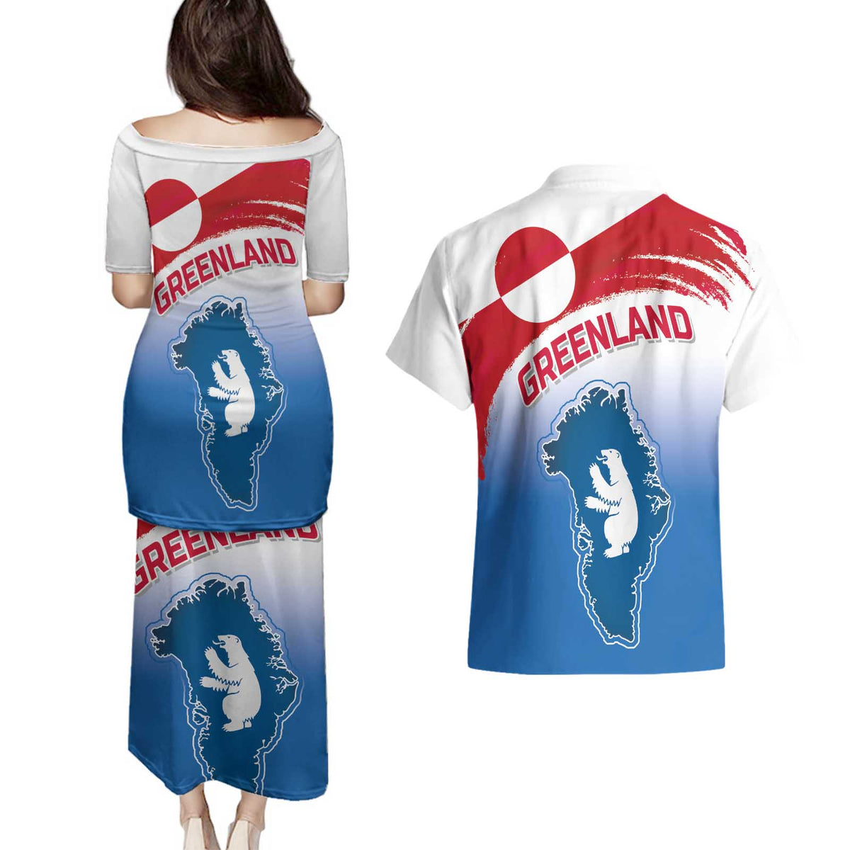 Greenland National Day Couples Matching Puletasi and Hawaiian Shirt National Country Flag and Emblem with The Map