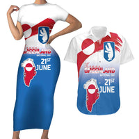 Greenland National Day Couples Matching Short Sleeve Bodycon Dress and Hawaiian Shirt National Country Flag and Emblem with The Map