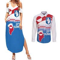 Greenland National Day Couples Matching Summer Maxi Dress and Long Sleeve Button Shirt National Country Flag and Emblem with The Map